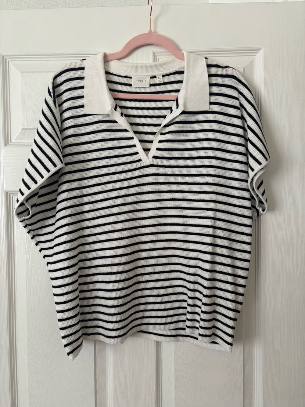 Cyrus Black and White Striped Polo Knit Top